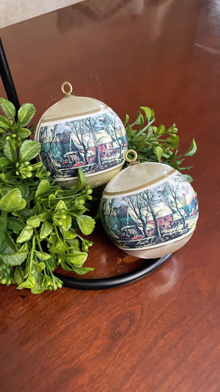 Vintage Christmas Ornaments Currier & Ives Old Gristmill Satin Finish Set of 2